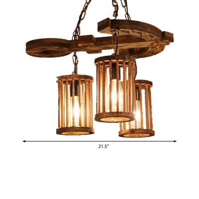 Rustic Cylinder Pendant Light Fixtures Iron and Wood Hanging Light Fixtures for Restaurant