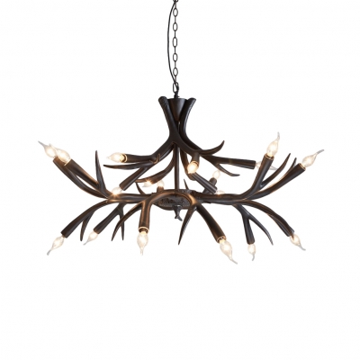 Rustic Exposed Bulb Pendant Light with Antler Design Resin 18 Lights Black Chandelier