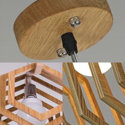 Single Light Wooden Frame Hanging Light Nordic Indoor Pendant Light for Bedroom
