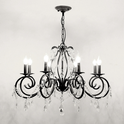 Traditional Pendant Chandelier Metal and Crystal Candle Ceiling Pendant in Black for Kitchen Dining