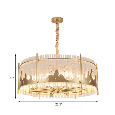 Unique Brass Drum Hanging Chandelier Contemporary Crystal Glass 10 Heads Lighting Fixture for Dining Room