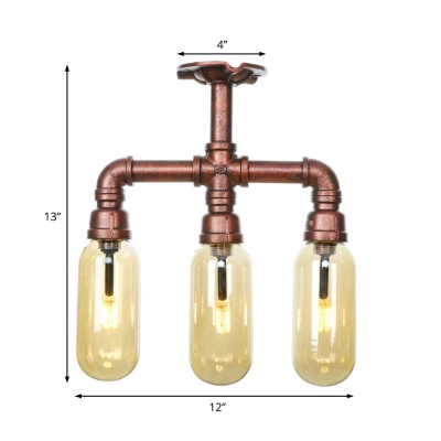 Vintage Pipe Lighting Fixture Iron and Glass Semi Flush Ceiling Lights in Rust for Bedroom