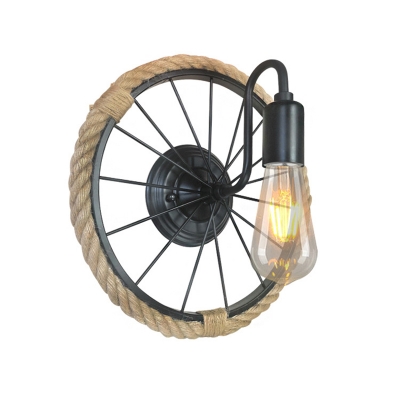 Wheel Sconce Wall Lamps Lodge Rope and Metal 1 Bulb Arched Sconce Wall Lights for Coffee Shop
