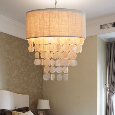 White Fabric Shade Drum Chandelier Lighting French Style 3 Lights Indoor Hanging Light for Bedroom