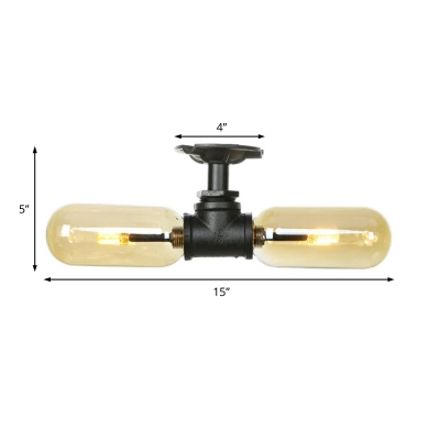 2-Light Black Semi Flush Mount Lighting Retro Style Iron Semi Flush Light Fixtures with Amber Glass Shade