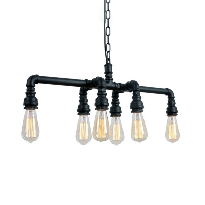 6-Light Bare Bulb Chandelier Light Fixture Industrial Metal Pipe Chandelier Light in Black/Aged Bronze for Living Room