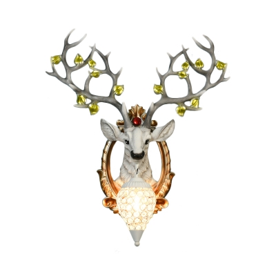 Clear Crystal Water Drop Wall Lamp Loft Style 1 Head Sconce Lighting with Resin Deer Head
