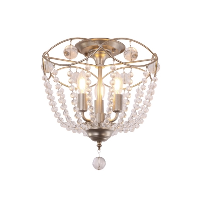 Crystal Beaded Semi Flush Ceiling Lights Traditional Candle Ceiling Lights in Olde Silver for Foyer