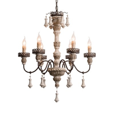 Curved Arm Hanging Light with Candle French Style Solid Wood 6 Lights Chandelier Light