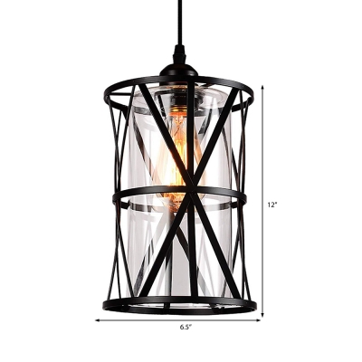 Cylinder Cage Hanging Light Fixtures for Dining Table, Vintage Iron 1 Light Pendant Lights in Black