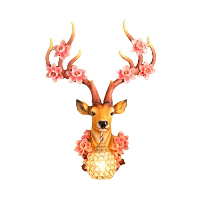 Hand Painted Deer Wall Mount Light Rustic 1 Light Resin Sconce Light with Hanging Globe Shade