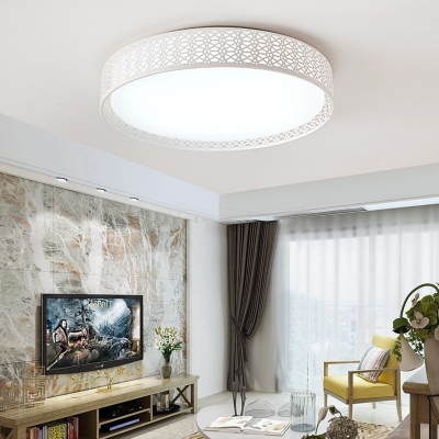Hollow Design Drum Shade Living Room Flush Mount Light Acrylic LED Contemporary Ceiling Light in White