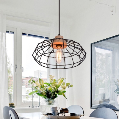 Modern Caged Pendant Lamps Iron Single-Bulb Pendant Ceiling Lights with Wood in Black for Dining Room