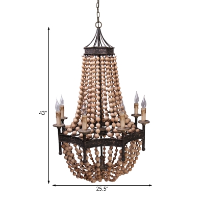 Multi Light Beaded Chandelier Country Style Wooden Hanging Pendant Light in Rust