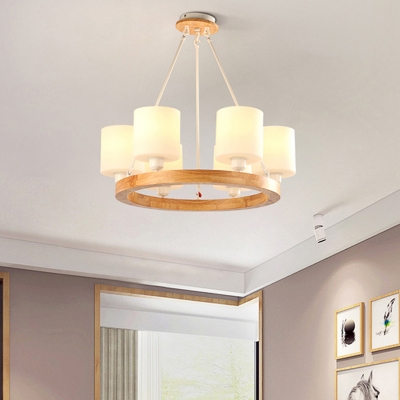 Opal Glass Cylinder Chandelier with Wooden Ring Nordic Style Hanging Ceiling Light in White