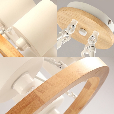 Opal Glass Cylinder Chandelier with Wooden Ring Nordic Style Hanging Ceiling Light in White