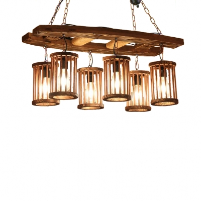 Rustic Island Chandelier Iron and Wood 6 Heads Hanging Light Fixtures in Black for Living Room