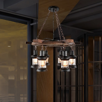 Satin Black Lantern Pendant Lamps, Wood And Iron Lantern Chandelier