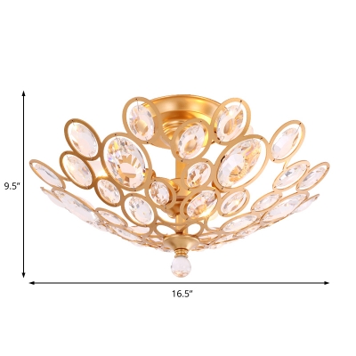 Unique Circle Ceiling Light Fixture Contemporary Crystal 3 Heads Semi Flush Light in Gold for Living Room
