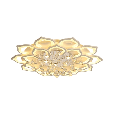 White Flower Flush Ceiling Light Contemporary Integrated Led Flush Lighting with Crystal Ball