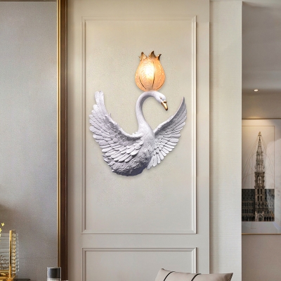 White Swan Wall Mounted Light with Flower Shaped Shade Resin Vintage Wall Light