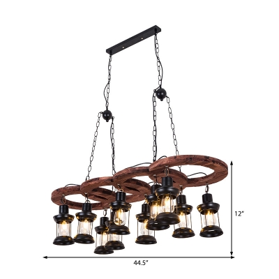 10-Light Caged Pendant Lights Country Black and Iron Hanging Light Fixtures with Rope and Wood for Dining Room