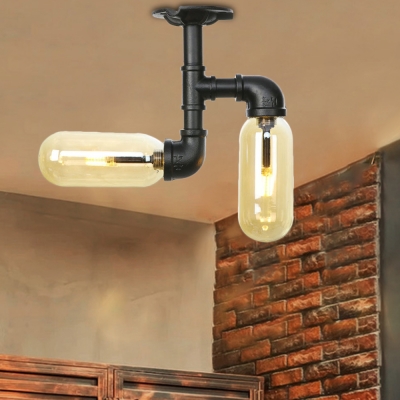 2-Light Black Semi Flush Mount Lighting Retro Style Iron Semi Flush Light Fixtures with Amber Glass Shade