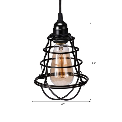Black Cage Hanging Pendant for Kitchen Dining, Antique Iron 1 Light Plug in Pendant Lights