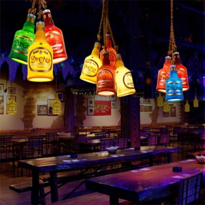 Colorful Bottle Glass Ceiling Pendant Lights 1 Head Rope Hanging Pendant Lights for Restaurant