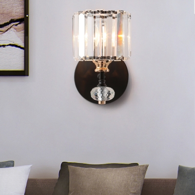 Crystal Cylinder Wall Sconce Light Modern Metal 1 Head Wall Lamp Sconce in Black for Indoor