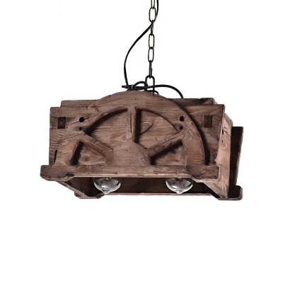 Cubic Shade Pendant Lamps Rustic Wood 2 Light Ceiling Pendant Light with Adjustable Chain for Restaurant