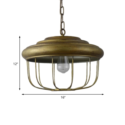 Drum Cage Hung Pendant Rustic Metal 1-Light Hanging Pendant Light with Chain in Antique Brass