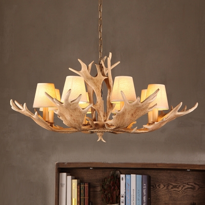 Fabric Cone Chandelier Lighting with Resin Antler Decoration 8 Light Height Adjustable Hanging Pendant
