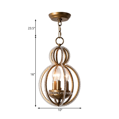 Gourd Chandelier Light with Clear Crystal Bead Vintage 3 Lights Living Room Lighting in Warm Brass