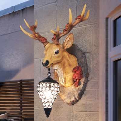 Handmade Deer Wall Sconce Light Resin 1 Light Rustic Painted Wall Light with Crystal Lampshade