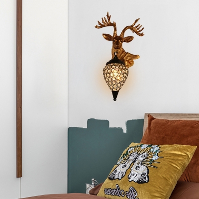 Loft Style Deer Wall Sconce Lamp Resin Single Wall Lamp in Black with Crystal Shade