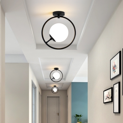 White/Yellow Glass Orb Flush Ceiling Light with Black Ring 1 Light Modern Simple Corridor Flush Light