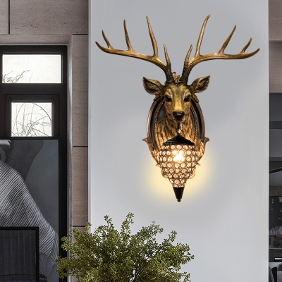 Realistic Deer Head Wall Mounted Light with Teardrop Shade 1 Light Rustic Wall Lighting