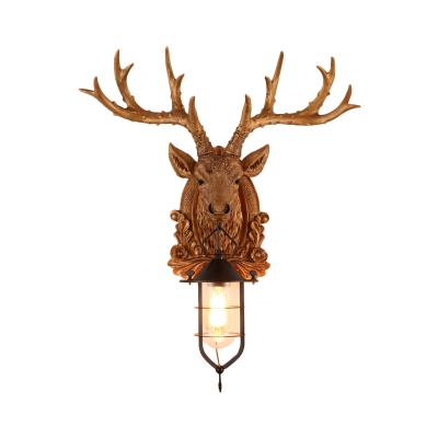Single Light Lantern Wall Light with Resin Deer Closed Glass Outdoor Wall Mount Lighting in Black