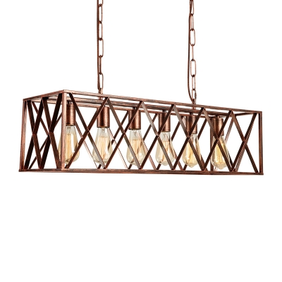 Vintage Linear Pendant Steel 6 Lights Island Lighting with Trellis Cage in Rust for Kitchen Island