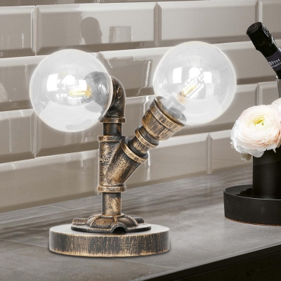 2 Light Globe Glass Table Lamp Industrial Style Metal Accent Table Lamp with Pipe for Bedroom