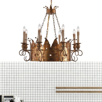 Aged Brass Crown Hanging Light with Candle Loft Country Style Metal Chandelier Lighting
