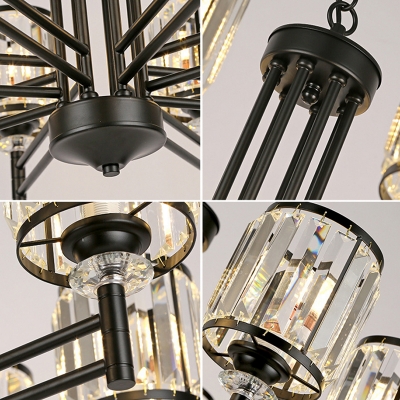 Black Cylinder Pendant Chandelier Modern Crystal and Iron Pendant Lights for Kitchen Dining
