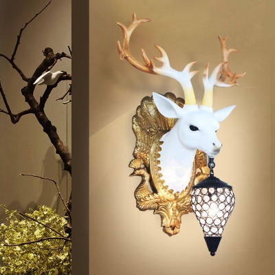 Black/White Deer Wall Mounted Light Village Style 1 Light Wall Light Fixture with Crystal Lampshade
