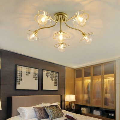 Flower Bedroom Semi Flush Mount Ceiling Fixture Glass 4/6 Light Modern Ceiling Light in Black/Gold