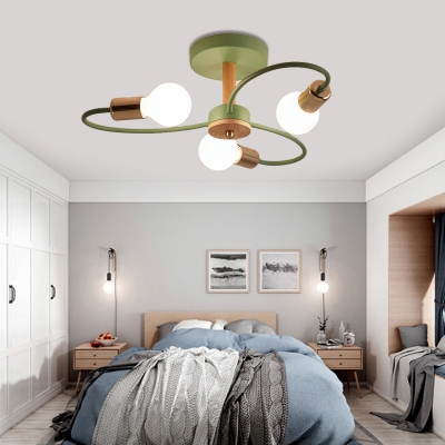 Gray and Green Curve Semi Flush Light 3/6/8 Light Modern Wood Ceiling Light for Bedroom