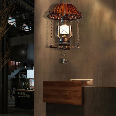 Lantern Ceiling Pendant Lights Asian Bamboo and Metal 1 Head Hanging Pendant with Frosted Glass Shade for Restaurant