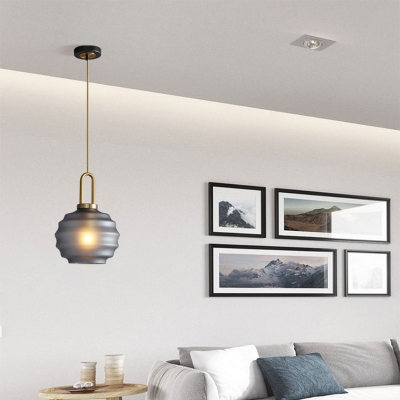Modern Lantern Hanging Light 1 Light Smoke Frosted Glass Living Room Pendant Light in Gold