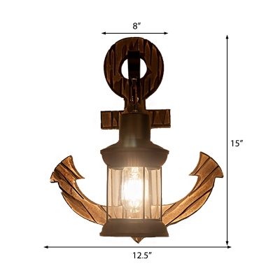 Nautical Style Lantern Sconce Lamp Iron and Glass 1 Head Sconce Light Fixture with Wooden Base in Black