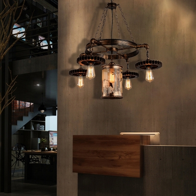 Open Bulb Pendant Chandelier Retro Style Metal Gear Hanging Light Fixtures with Center Cylindrical Shade for Dining Room